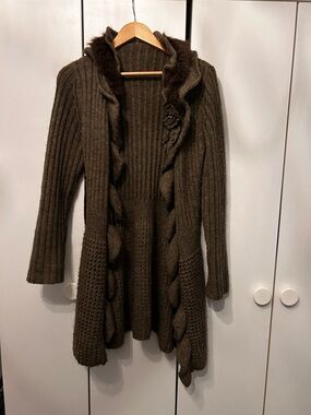 Brown Ribbed Knit Open Cardigan with Braided Trim